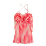 Pink Mini Dress Women Flower Backless Slip Dress Woman Summer Sexy Short Dresses For Women 2023 Beach Holiday Party