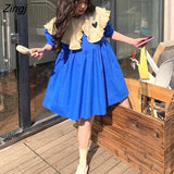 Sleeve Dress Women Peter Pan Collar Patchwork Sweet Girls Fashion A-line Baggy Casual Lovely Preppy Japanese Style Chic