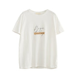 Casual O-neck Letter Print Women T-shirt 2021 Summer Short Sleeve Loose Female Basic Tops Shirt GirlsTees 100%