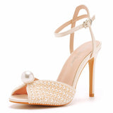 Mouth High Heel Sandals 10 Cm White Pearl High Heel Women Sandals Banquet Wedding Dress Wedding Dress Bridal
