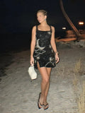 Sequins Printed Sling Mini Dress Women Backless Sleeveless Slim Splited A-line Dresses 2024 Fashion Lady Party