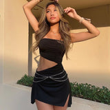High Street Hollow Wrap Chest Chain Decorated Mini Dresses Fashion Sexy Elegant Birthday Party Dinner Club Women