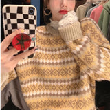 Zingj Jacquard Diamond Loose Sleeve Knit Sweater Female Student 2024 New Autumn And Winter Outside Wear Lazy Wind-Outfit