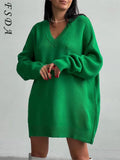 Y2K Knitted Women Pullover Green V Neck Long Sleeve 2021 Loose Casual Sweater Dress Autumn Winter Oversized