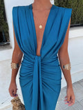 Sexy Deep V Neck Sleeveless Pleated Dress Fashion High Waist Split Bodycon Vestidos Lady Elegant Summer Party Streetwear 211-0-Outfit