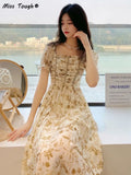 Floral Print Dress Women Summer Elegant Party Midi Dress Casual Puff Sleeve Holiday Lady Dedigner Chic Korean Dress