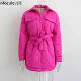plaid Quilted Jacket Women Loose Thin Puffer Parkas Coat Vintage Belted Outwear Autumn Winter Ladies Oversize