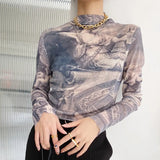 Y2k Vintage Tops Tie-dye Mesh T Shirt Turtleneck Long Sleeves T-shirts Women Sexy Slim Translucent Basic Tee Thin