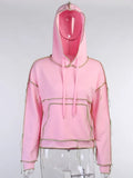 Sweatshirts Hooded Patchwork Pocket Women Fashion Casual Sportswear Drawstring Long Sleeve Loose Fall Winter