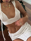 2022 Knitted Split Mini Skirts White Crop Top Y2K Beach Outfits Sexy Women Two Piece Sets Summer