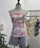 Thai-Style Splash Ink Dye Mesh Wrap Chest Vest Irregular Stacked Folded Sleeveless Top