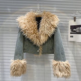 Denim Faux Fur Plush Sleeve Collar Jacket- Outfit