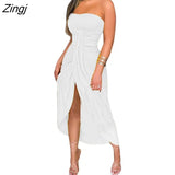 Women Strapless Dress Fashion Solid Color Off-Shoulder Sleeveless Slit Dress with Cropped Hem for Ladies