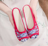 Zingj Round Head Embroidered Cloth Shoes Beef Tendon Bottom Flat Bottom Soft Bottom Canvas Slippers Female Ethnic Wind Blue And White