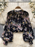 Korean Print Chiffon Shirt Bow Neck Long Sleeves Loose Leopard Top Casual Paisley Vintage Floral Blouse Spring