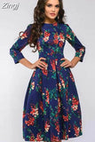 pleated tunic print dress women Elegant ladies A line dresses Long sleeve female autumn mixi party dress