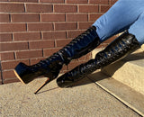 Onlymaker Women's Round Toe Stiletto Platform Zipper Knee High Boots16CM High Heel Pattern Lace Up Plus Size Boots For