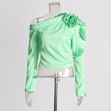 Fashion One-Shoulder Collar Shirt 2025 New Spliced Lotus Leaf Side Flower Design Long-Sleeved Shirt Top
