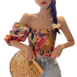 New Women Chiffon Shirt Korean Floral Print Ruffled Irregular Top Slim Short Summer Ladies Blouse