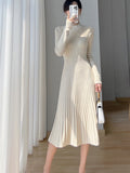 Winter New Knitting Sweater Women Midi Pleated Dress Elegant Casual Long Sleeve Female