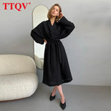 Casual Loose Black Cotton Dress Woman Robes Autumn Lace-Up Long Sleeve Midi Dress Elegant Slit Sleep Dresses For