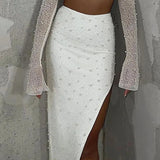 Pearl Sexy Dress Sets Women Square Collar Full Sleeve And Split Skirt Matching Sets Female Club Party Two Piece
