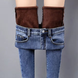 Jeans Pants For Women Plus Size Winter Blue Light blue Solid Skinny Fleeces Thick Pencil Pants with Velvet Denim