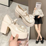 New Mary Jane Women's Shoes Thick Heel Platform Uniform Single Shoes High Heels Women's Bow Retro Small Leather