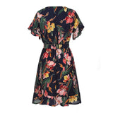 Boho Short Mini Dress Summer Floral Printed V-Neck Bow Knot Beachwear Sundress Ladies Short Sleeve Ruffles Loose