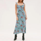 For Women Elegant Vintage Floral Dress Frill Sweetheart Neck Sleeveless Strap Tie Ruffle Hem Summer Beach