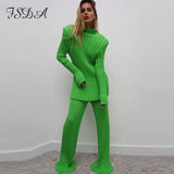 2021 Autumn Winter Long Sleeve Sweater Top Green And Pants Knitted Casual Women Two Piece Set Khaki Fashion