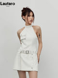 Spring Summer Sleeveless White Crocodile Print Faux Leather Halter Dress Women with Belt Retro Runway Fashion