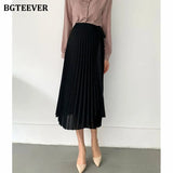 Elegant High Waist Lace-up Women Pleated Skirts 2021 Summer Loose One-piece Female Midi