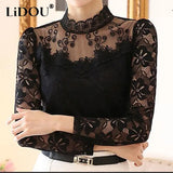Summer Stand Collar Sexy Lace Hook Jacquard Hollow Out Pullover T-shirt Top Women Elegant All-match Long Sleeve Slim