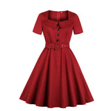 Style Retro Vintage Casual Rockabilly Dress With Belt Short Sleeve Button Front Solid 50s 60s Swing Jurk Women
