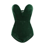 Burgundy Strapless Velvet Sexy Bodysuit Women Sweetheart Bodycon Backless Lace Up Body V Neck Party Club