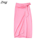 Women Fashion Pink Color Bow Tied Slim Sarong Midi Skirt Faldas Mujer Female Side Zipper Soft Satin Vestidos