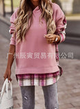 China Winter Hipster Women's Wear Niche Design Sense Plaid Splicing Sleeve Long Sleeve Round Collar Hoodie Female-Outfit