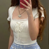 Zingj Court Square Collar Chest Pleated Belt Solid Color Shoulder Short Sleeve T-Shirt