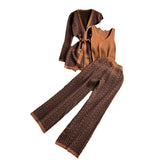 Zingj Suit Female Casual Temperament V Collar Waist Belt Knit Cardigan Jacket Three Piece Set High Waist Wide Leg