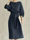 Women Cotton Linen Loose Dresses Spring New Lantern Sleeve Solid Midi Maxi Dress Casual O Neck Belt Waist Shirt