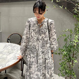 Zingj Chic Spring French Vintage V-Tie Bow Ink Print Design Loose Long Sleeve