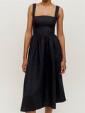 Elegant Women Square Neck Front Buttons Up Sling Dress for Women High Waist A-line Dress Summer Party Female