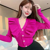 V Neck Sweater Cardigan Women Full Sleeve High Stretch Knit Sweaters Shirts For Slim Girls Autumn