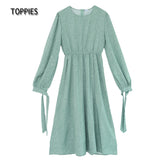 2021 Women Dress Casual Polka Dot Print Long Sleeve Mid Dress Vintage O Neck A-Line Party