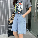 2021 New Summer Women High Waist Wide Leg Black Denim Shorts Casual Female Loose Straight Button Jeans Bermuda