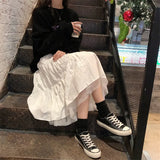 Tulle Midi Skirts Womens 2022 Spring Elastic High Waist Mesh Tutu Pleated Faldas Female Black White Long Jupe