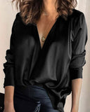 V-neck Solid Chiffon Color Temperament Commute Satin Long-sleeved Green