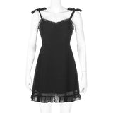E-girl Bandage Spaghetti Strap Ruffles Hem Black Dresses for Women Summer Sweet Backless A-line Mini Party Dress