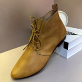 Pointed Little Short Boots Flat Boots Female Spring And Autumn Single Boots British Style Soft Leather Ankle Boots Soft Bottom Lace-Up